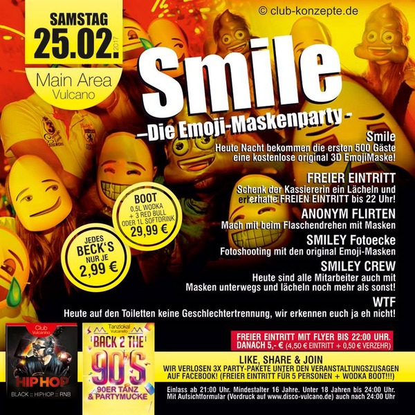 Party Flyer: SMILE  die Emoji-Maskenparty am 25.02.2017 in Aicha vorm Wald